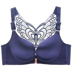 ZESLIV Damen BH Vorderverschluss ohne Bügel 95C Dunkelblau Push Up BH mit Schmetterlingsrückseite große größen Frauen Wohlfühl Bustier Spitzen Strass Bra von ZESLIV