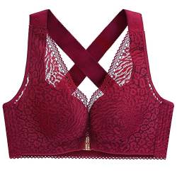 ZESLIV Damen BH ohne Bügel große größen 100C Weinrot Vorderverschluss Push Up BH mit Verbreitete Schultergurte Frauen Wohlfühl Bustier Spitzen Strass Bra von ZESLIV