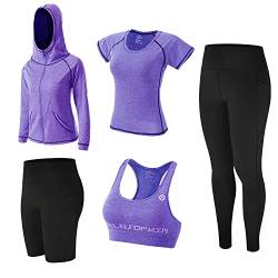 ZETIY 5 Stück Damen Fitness Trainingsanzug Yoga Set, Sportbekleidung Pilates Sportbekleidung Tennisbekleidung Laufbekleidung für Gym Fitness Jogging - Lila - L von ZETIY
