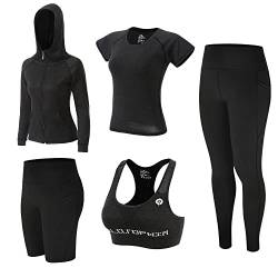 ZETIY 5 Stück Damen Fitness Trainingsanzug Yoga Set, Sportbekleidung Pilates Sportbekleidung Tennisbekleidung Laufbekleidung für Gym Fitness Jogging - Schwarz - L von ZETIY