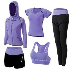 ZETIY Damen 5pcs Yoga Anzug Sweatsuit Damen Activewear Sets Sport Yoga Fitness Kleidung Damen Workout Outfit Sportanzüge für Laufen Jogging Gym, violett, 46 von ZETIY