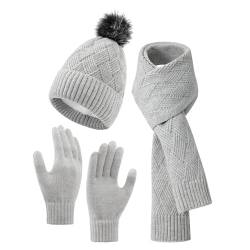 ZETIY Damen Schal, Mütze und Handschuh Set, Winter Warm Beanie Mütze Winterhandschuhe Lang Schal Strickset, Strickschal mit Bommelmütze und Handschuhe - Hellgrau von ZETIY