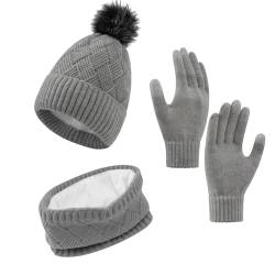 ZETIY Damen Schal Strickmütze Kombiset Winter Beanie Handschuhe Strickset Geschenkset Touchscreen-Handschuhe für Outdoor Ski - Dunkelgrau von ZETIY