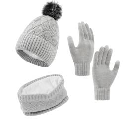 ZETIY Damen Schal Strickmütze Kombiset Winter Beanie Handschuhe Strickset Geschenkset Touchscreen-Handschuhe für Outdoor Ski - Hellgrau von ZETIY