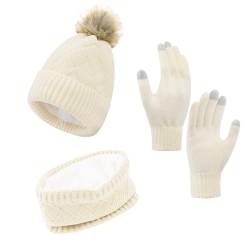 ZETIY Damen Schal Strickmütze Kombiset Winter Beanie Handschuhe Strickset Geschenkset Touchscreen-Handschuhe für Outdoor Ski - Weiß von ZETIY