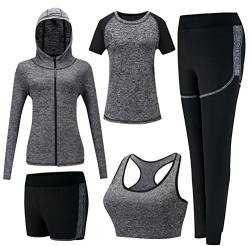 ZETIY Damen Traingsanzug Yoga Kleidung Anzug 5er-Set Sportanzüge Jogginganzug Gym Fitness Kleidung Laufbekleidung Sportswear Sport Yoga Outfit Damen BH Leggings Set - Grau - M von ZETIY