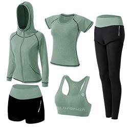 ZETIY Damen Traingsanzug Yoga Kleidung Anzug 5er-Set Sportanzüge Jogginganzug Gym Fitness Kleidung Laufbekleidung Sportswear Sport Yoga Outfit Damen BH Leggings Set - Grün - S von ZETIY