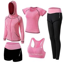 ZETIY Damen Traingsanzug Yoga Kleidung Anzug 5er-Set Sportanzüge Jogginganzug Gym Fitness Kleidung Laufbekleidung Sportswear Sport Yoga Outfit Damen BH Leggings Set - Rosa - XL von ZETIY