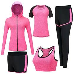 ZETIY Damen Traingsanzug Yoga Kleidung Anzug 5er-Set Sportanzüge Jogginganzug Gym Fitness Kleidung Laufbekleidung Sportswear Sport Yoga Outfit Damen BH Leggings Set - Rose Rot - S von ZETIY