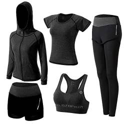 ZETIY Damen Traingsanzug Yoga Kleidung Anzug 5er-Set Sportanzüge Jogginganzug Gym Fitness Kleidung Laufbekleidung Sportswear Sport Yoga Outfit Damen BH Leggings Set - Schwarz - S von ZETIY