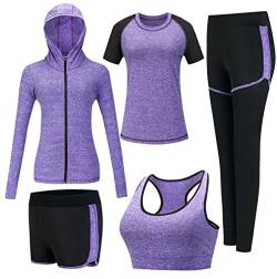 ZETIY Damen Traingsanzug Yoga Kleidung Anzug 5er-Set Sportanzüge Jogginganzug Gym Fitness Kleidung Laufbekleidung Sportswear Sport Yoga Outfit Damen BH Leggings Set - Violett - M von ZETIY