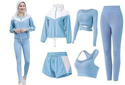 ZETIY Sport Set Damen Trainingsanzug Yoga Kleidung Anzug 5er-Set Laufbekleidung Damen BH Leggings Set für Gym Fitness Kleidung - Blau - XL von ZETIY