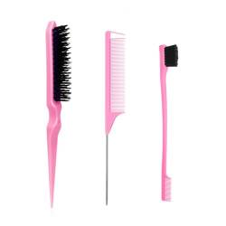 ZEVONDA 3 Stück Sleek Bun Bürste Set - Spitzschwanzkamm Borstenbürste Eine Doppelseitige Haarkantenbürste Kämmen Stylen Färben von Haaren Haarbürste Set für Frauen Kinder und Friseure - Rosa von ZEVONDA