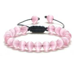 ZEYRU 8 mm natürliches Katzenaugen-Stein-Armband, glatte rosa weiße Perlen, handgefertigt, verstellbare Armbänder und Armreif, Charm-Schmuck für Damen und Herren, Geschenk-Rosa von ZEYRU