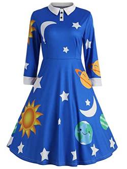 ZEZCLO Damen Solarsystem Pan Collar Kostüm Kleid 1950er Jahre ausgestellte Retro Kleider - Blau - Klein von ZEZCLO