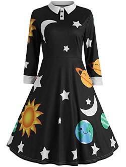 ZEZCLO Damen Sonnensystem Peter Pan Kragen Kostüm Kleid 1950er Ausgestellte Retro Kleider - Schwarz - Groß von ZEZCLO