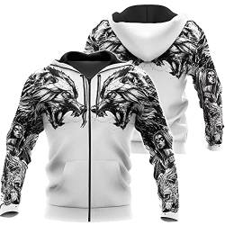 ZFSBRTL Nordische Mythologie 3D-Druck Odin Wolf Fenrir Tattoo Hoodie, Herren Viking Retro Weiblicher Krieger Totem Pullover Streetwear Große Casual Zip Kleidung,Zipper a,L von ZFSBRTL