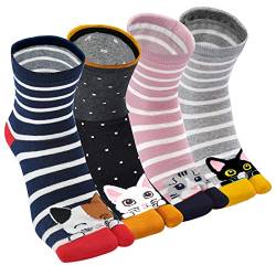 ZFSOCK Tabi Socken Damen Flip-Flop: Zehensocken Baumwolle Geta Socken Kurze Zwei-Zehen-Socken Japanische Stil Bunt Lustig Muster 4 paare-Kätzchen, Größe 35-41 von ZFSOCK
