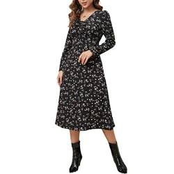 ZFUNKQ Damen Kleider Herbst Freizeit Lose Boho Lange Kleid Blumen Langarm V-Ausschnitt Hohe Taille A Linien Maxikleid Partykleid Blumenmuster L von ZFUNKQ