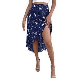 ZFUNKQ Flowy Röcke für Damen, Boho-Blumenmuster, Rüschen, hohe Taille, seitlicher Schlitz, Midirock, Chiffon, A-Linie, Bohemia-Wickelrock, Strandröcke, dunkelblau, 48 von ZFUNKQ