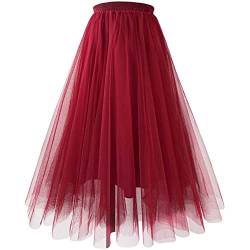 ZFUNKQ Tüllrock für Damen Geschichteter Tutu-Rock Hohe Taille Eine Linie Midirock Party Gittergewebe Chiffon Faltenkleid 2# Wine Red XL von ZFUNKQ