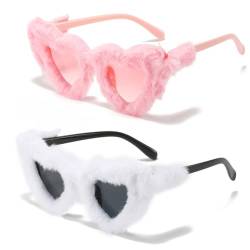 ZGCXRTO 2 Pcs Weiß Und Rosa Zottelig Herz Sonnenbrillen Set Brillen Herzförmige Spassbrillen Für Junggesellinnenabschied Accessoires von ZGCXRTO