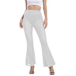 Damen Rave Sheer Mesh Shiny Pants Flared High Waist Bell Bottom Pants f?r Party Dance Festival Wei? Klein von ZGMYC