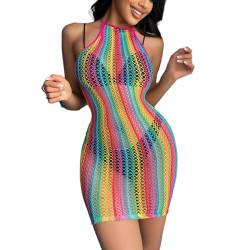 Frauen Rave Regenbogen Durchsichtig Mesh Bikini Cover Ups Sexy Aushöhlen 2 Stück Crop Top Mini Rock Festival Outfit, Regenbogen ärmelloses Kleid 2, Einheitsgröße von ZGMYC