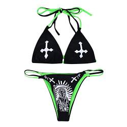 ZGMYC Damen Bikini-Set mit Totenkopf-Buchstaben-Druck, 2-teilig, neonfarben, Bandeau-Badeanzug, Schwarz und Neongrün, Medium von ZGMYC