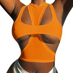 ZGMYC Damen Sexy Cut Out Underboob Crop Top 2-teiliges Racerback Athletic Tank Top T-Shirt Cami Streetwear, Neon-Orange, X-Groß von ZGMYC