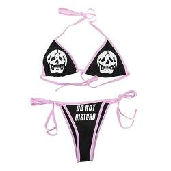 ZGMYC Frauen Lustige Schädel Brief Print Goth Bikini Set 2 Stück Neon Bandeau Badeanzug, Schwarz und Rosa, Medium von ZGMYC