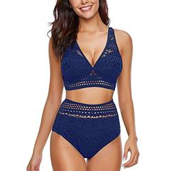 ZGNB Badeanzug Damen,Women's Bikini Set Triangle Ribbed Bikini Top Swimwear Cross Lacing Two Piece Swimsuit Tankini Damen Mit BüGel XXL Blau,M Bikini von ZGNB