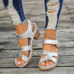 Mid Block Heels Sandalen für Damen Knöchelriemen Offene Zehe Schuhe Damen Komfort Slip On Hochhackige Casual Kleid Peep Toe Sandalen (Color : Silver, Size : 39 EU) von ZHANGHI