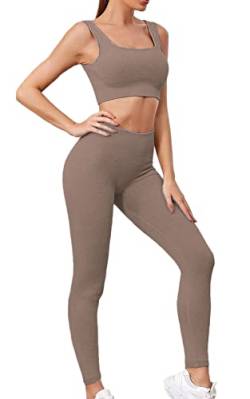 Buscando gerippte Workout-Sets für Frauen, 2-teilig, hohe Taille, nahtlose Yoga-Leggings + Sport-BHs, Workout-Outfits für Frauen, 2-teilig Gr. 42, braun von ZHENGHAO