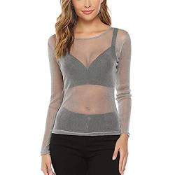 ZHER-LU Damen Casual Solid High Neck Sheer Mesh Langarm Tee Shirt Top, Grau, X-Groß von ZHER-LU