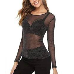 ZHER-LU Damen Casual Solid High Neck Sheer Mesh Langarm Tee Shirt Top, Schwarz, X-Groß von ZHER-LU