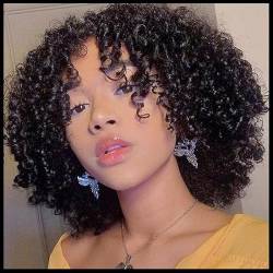 Afro-Perücke Aus Verworrenem, Lockigem Echthaar Mit Pony, 150% 180% Dichte, Brasilianisches Jungfräuliches Kurzes Lockiges Haar, Keine Lace-Front-Echthaar-Perücke 180%,26inch von ZHGAXING