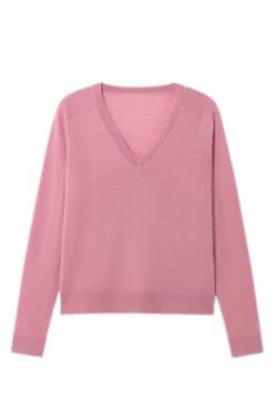 Damen Merinowolle Pullover Casual Leicht V-Ausschnitt Raglanärmel Stricktop Lose Pullover, Pink, Groß von ZHILI