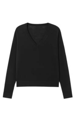 Damen Merinowolle Pullover Casual Leicht V-Ausschnitt Raglanärmel Stricktop Lose Pullover, Schwarz, Klein von ZHILI