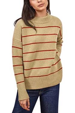 Damen Pullover Casual Langarm Mock Neck Drop Shoulder Tunika Gestreift Pullover Strickpullover Tops, Braun, Mittel von ZHILI