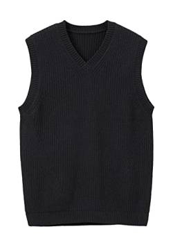 Men's V Neck Sleeveless Knitted Sweater Solid Color Loose Fit All Match Sweater Tops_Black_Small von ZHILI
