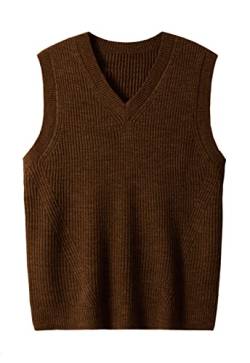 Men's V Neck Sleeveless Knitted Sweater Solid Color Loose Fit All Match Sweater Tops_Chocolate_Medium von ZHILI