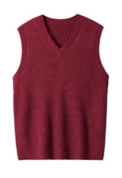 Men's V Neck Sleeveless Knitted Sweater Solid Color Loose Fit All Match Sweater Tops_Crimson_Large von ZHILI