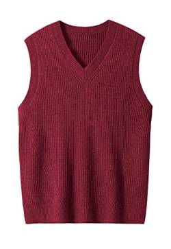 Men's V Neck Sleeveless Knitted Sweater Solid Color Loose Fit All Match Sweater Tops_Crimson_Small von ZHILI