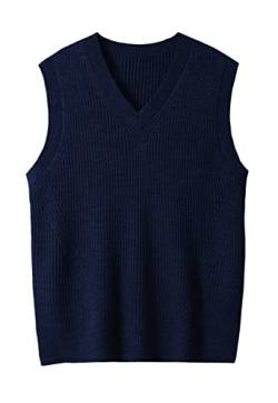 Men's V Neck Sleeveless Knitted Sweater Solid Color Loose Fit All Match Sweater Tops_Dark Blue_Medium von ZHILI