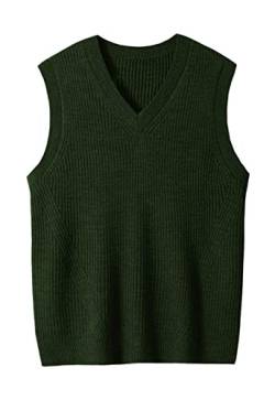 Men's V Neck Sleeveless Knitted Sweater Solid Color Loose Fit All Match Sweater Tops_Dark Green_Medium von ZHILI