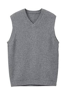 Men's V Neck Sleeveless Knitted Sweater Solid Color Loose Fit All Match Sweater Tops_Grey_Medium von ZHILI