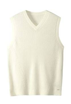 Men's V Neck Sleeveless Knitted Sweater Solid Color Loose Fit All Match Sweater Tops_White_Large von ZHILI