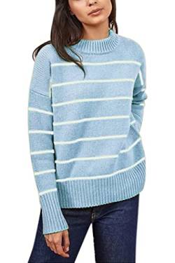 ZHILI Damen Pullover Casual Langarm Stehkragen Drop Schulter Tunika Gestreifter Pullover Strickpullover Tops, Hell, blau, Klein von ZHILI