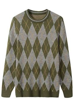 ZHILI Herren Retro Argyle-Pullover Langarm Lose Rundhalsausschnitt Pullover Sweater_Olive_XXXX-Large von ZHILI